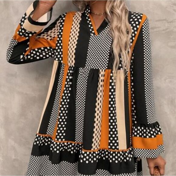 Striped Polka Dot black white orange fall halloween flouce dress Sz S NWOT - Picture 10 of 10